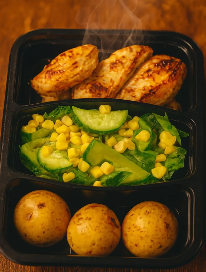 Almuerzo Nutres preparado por Carla Moya — pollo a la plancha, ensalada y papas