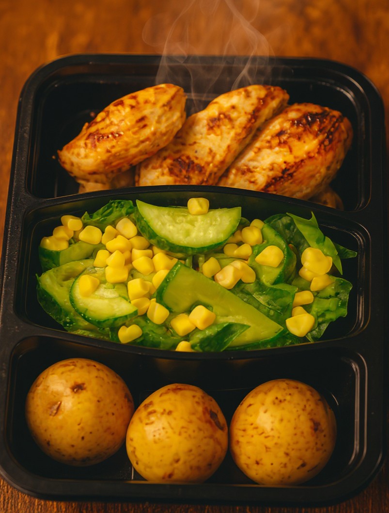 Almuerzo Nutres preparado por Carla Moya — pollo a la plancha, ensalada y papas